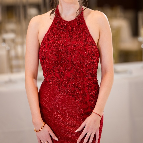 Red Halter Beaded Evening Dress - Picture 2 of 5